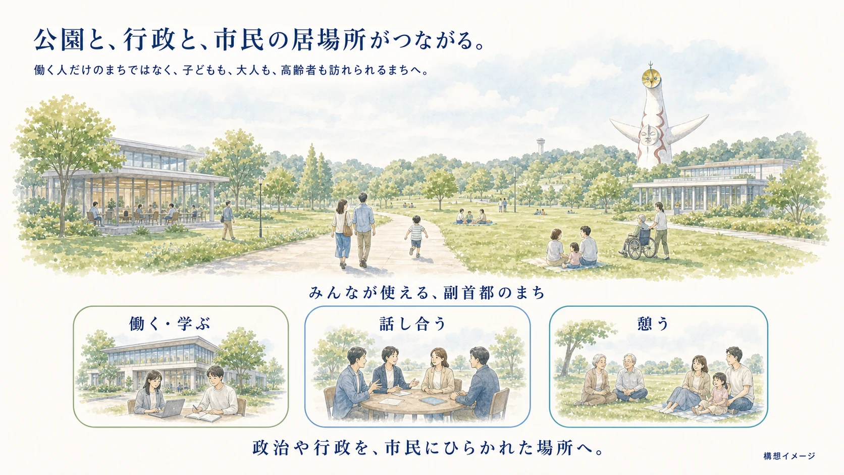 万博記念公園で働く、学ぶ、話し合う、憩う人々と、市民に開かれた副首都の姿